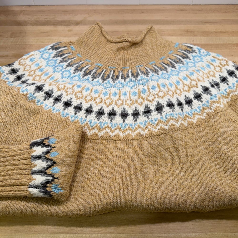 LL Bean Women's Fair Isle Crewneck Sweater - Tan and Blue